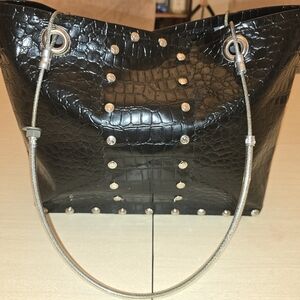 Stash Brand Vintage Elegant Black Croc-Embossed Tote Bag with Wood Base Like New